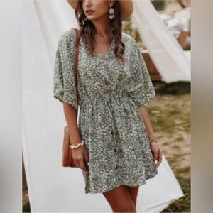 Green Floral Button-Down Dress/Swim Suit Cover Up, Size L